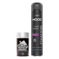 Maquiagem Capilar Disfarça Calvície Fibra de Queratina Super Billion 25g e Mood Fixador Forte 400ml