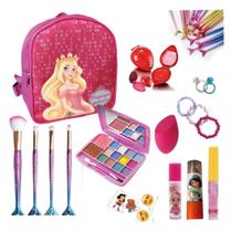 Maquiagem Infantil Kit com Mochila Rosa Princesa, Batom, Gloss, Pincéis, Paleta de Sombras e mais