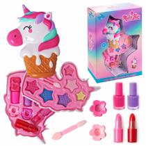 Maquiagem Infantil Kit Esmalte Sombra Batom Estojo Unicórnio Duplo Para Meninas