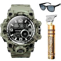 Máquina Cabelo e Barba Dragon Dourada + Relógio Masculino Militar + Oculos de Sol- Presente Criativo