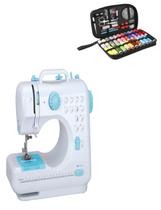 Máquina Costura Azul Portátil Bivolt Mais Kit Costura 90 Itens Completo