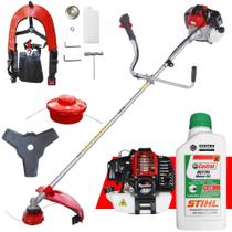 Máquina de Cortar Grama Á Gasolina Toyama RT52-L 2T 52cc 2HP Roçadeira Profissional de Alta Performance Com Faca 3 Pontas e Carretel Nylon + ÓLEO CASTROL STIHL 2T 500ML