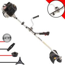 Máquina de Cortar Grama Kawashima KW43-LE À Gasolina 43cc 2T 1,7HP de Potência 10.000rpm Roçadeira Lateral Completa Com Carretel Nylon + Lâmina 2 Pontas + Lâmina 3 Pontas + Lâmina Circular Vídea
