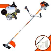 Máquina de Cortar Grama Robusta À Gasolina Vulcan VR430S Motor 2T 43cc 1,7HP de Potência Roçadeira Profissional Lateral Com Lâminas 2 Pontas, 3 Pontas, 40 Dentes de Vídea, 80 Dentes e Carretel Nylon