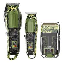 Máquina de Corte Kit Barbeiro 3 em 1 Camuflado Transparente Sem Fio Profissional KEMEI KM-2379