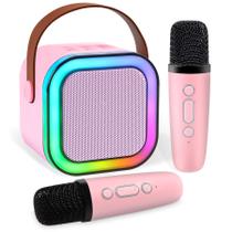 Máquina de karaokê Bogirlson Mini com 2 microfones sem fio rosa Máquina de karaokê Bogirlson Mini com 2 microfones sem fio rosa