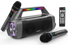 Máquina de karaokê com dois microfones sem fio, alto-falante Bluetooth portátil para som estéreo de 100 W, alto-falante à prova d'água IPX7 com suporte de controle remoto para USB, AUX, TWS, 40H Playtime, BT 5.3, Rhythm Light
