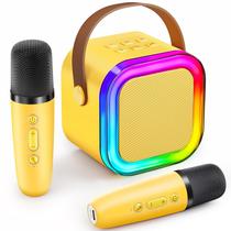 Máquina de karaokê IROO TOP Mini para crianças com 2 microfones sem fio amarelos Máquina de karaokê IROO TOP Mini para crianças com 2 microfones sem fio amarelos