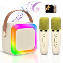 Máquina de karaokê TAEMVV Mini com 2 microfones sem fio bege Máquina de karaokê TAEMVV Mini com 2 microfones sem fio bege
