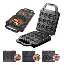Máquina Elétrica Grill Donuts Waffle Delicioso Carne Doces Antiaderente Placas Removíveis 3 em 1