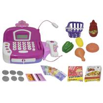 Máquina registradora infantil de brinquedo com cesto de compras rosa e acessórios