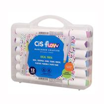 Marcador Criativo CIS Flow Estojo Maleta com 12 Cores Ponta Dupla Canetas Papel Tecido Parede