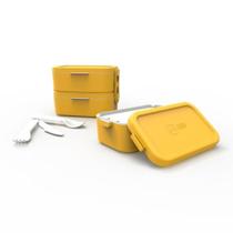 Marmita bento box dupla tampas amarelas + jogo de talheres - ANODILAR