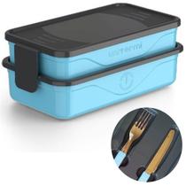 Marmita Dupla Fit Azul 1.3 Litros Lanche Comida Talheres