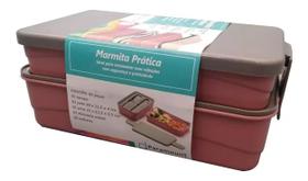 Marmita Prática Grande c/ Divisórias 2 Andares Rosa - Kit Com Talher