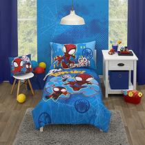 Marvel Spidey e sua Amazing Friends Spidey Team Red, White, and Blue 4 Piece Toddler Bed Set - Comforter, Fitted Bottom Sheet, Flat Top Sheet, and Reversible Pillowcase - Disney