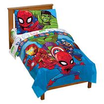 Marvel Super Hero Adventures Avengers Heroes Amigos 4 Piece Toddler Bed Set Super Soft Microfiber Bed Set Roupa de cama Capitão América, Hulk, Homem de Ferro e Homem-Aranha (Produto Oficial da Marvel)
