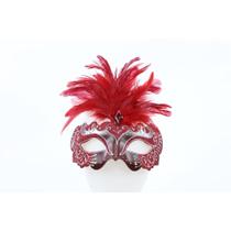 Mascara Amarração em Fita para Fantasia Adulta na Cor Vermelha com Pena 9,5x18cm 1Un