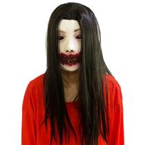 Máscara Creepy Ghost Face Scary Latex com cabelo preto, tamanho adulto