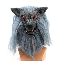 Máscara de animal assustador realista com cabeça de lobo com pele cinza de Halloween