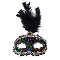 Máscara de Carnaval Preta e Colorida com Penas - Extra Festas