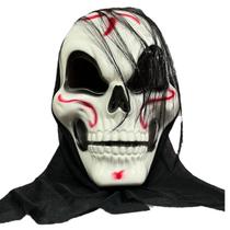 Máscara de caveira assustadora para rosto inteiro com tinta vermelha e cabelo preto em PVC Máscara de caveira assustadora para rosto inteiro com tinta vermelha e cabelo preto em PVC