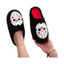 Máscara De Caveira De Halloween Preta, Pantufas De Pelúcia Com Solado Grosso, Confortáveis E