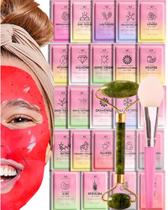 Máscara de gelatina para tratamentos faciais Máscaras faciais de gelatina hidratantes e iluminadoras de 24 sabores Rolinho e espátula de jade gratuitos Máscara facial de rosa búlgara, lavanda, ácido hialurônico, ouro 24K para cuidados com a pele Máscara de geleia vajacial
