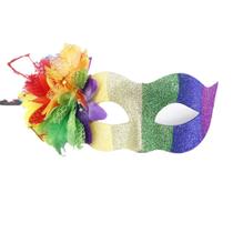 Máscara de máscara colorida em PVC com glitter emplumado de arco-íris