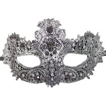 Máscara de mascarada de renda e strass elegante em preto e prata Máscara de mascarada de renda e strass elegante em preto e prata
