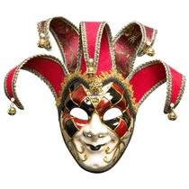 Máscara de máscaras Venetian Jester vermelha, preta, branca com sinos