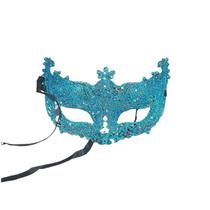 Máscara de meia face de PVC com glitter azul veneziano com strass