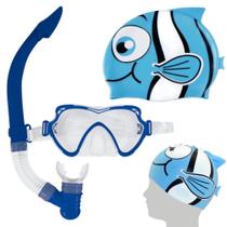 Mascara de Mergulho e Snorkel Azul + Touca de Natacao Peixinho Azul Mor