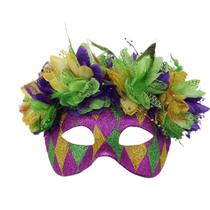 Máscara de penas Mardi Gras roxa, verde brilhante, PVC, cosplay