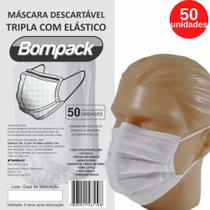 Máscara Descartável Tripla Camada TNT com Filtro Interno, Elástico e Clip Nasal cor Branca Cx/50 unidades