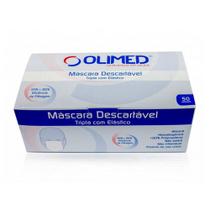 Máscara Descartável Tripla com Elástico Branca (OLIMED) - Caixa com 50 Unidades