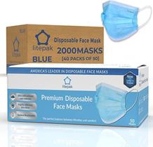 Máscara facial descartável Litepak 2000 unidades de 3 camadas com fio nasal azul
