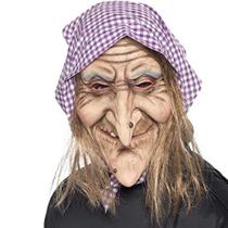 Máscara Granny Witch Halloween Latex Purple com lenço na cabeça