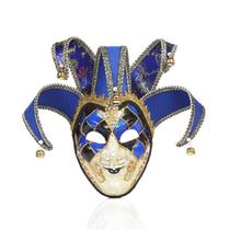 Máscara Jester em PVC com design de arlequim em azul veneziano e dourado