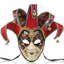 Máscara Jester para rosto inteiro em PVC veneziano vermelho e dourado com sinos