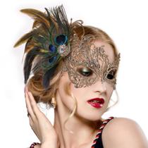 Máscara Masquerade Zinniday Gold para mulheres de renda de penas de pavão
