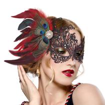 Máscara Masquerade Zinniday Red Peacock Feather Lace para mulheres