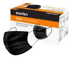 Máscara TNT Tripla Clipe Nasal Inoven Preta Caixa Com 50 Unidades