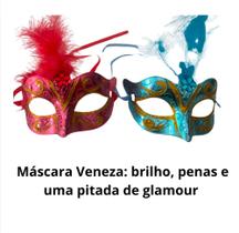 Máscara Veneza penas glitter carnaval festa baile de máscaras