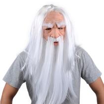 Máscara White Hair Wizard com barba comprida para Halloween e Natal