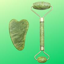 Massageador facial de jade 2 peças, rolo de jade verde para massagem facial gua sha com pedra de jade, rolo para levanta
