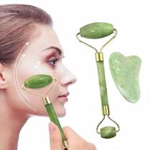 Massageador Facial Pedra De Jade Rolo Anti Rugas Stress + Placa Gua Sha