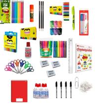 Material Escolar Barato Completo KIT 32 Itens Lápis Giz Cola