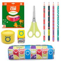 Material Escolar Basico Lapis 48 Cores + Borracha + Estojo + Lapis Grafite + Tesoura + Apontador