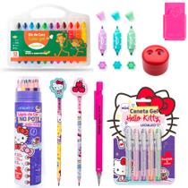 Material Escolar Hello Kitty Com Lapis De Cor + Giz de cera Gel + Caneta colorida - Leo e Leo
